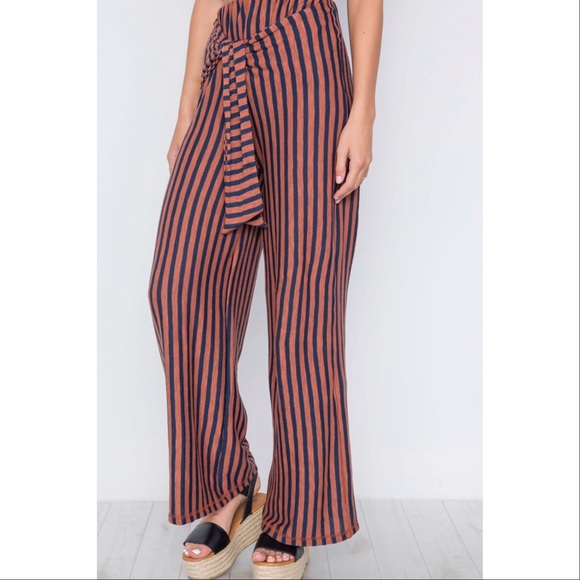 Rust Navy Stripe Knit Front Tie Wide Leg Palazzo - Picture 4 of 5